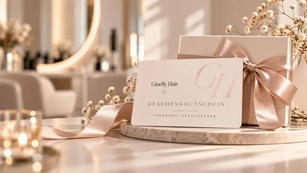 Geschenkgutschein von Ginelly Hair vor einer Geschenkbox mit Satinschleife