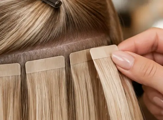 Tape-Extensions werden am Ansatz ins Eigenhaar gesetzt