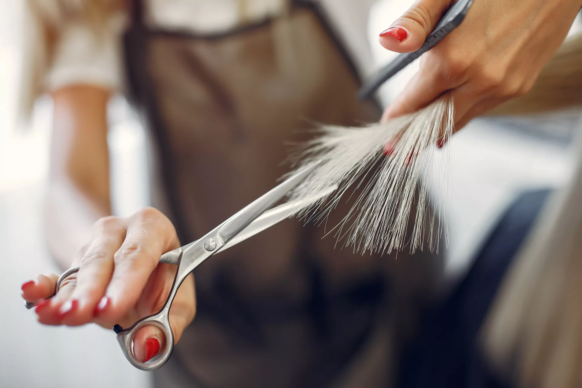 Nahaufnahme, Friseurin schneidet blondes Haar mit der Schere