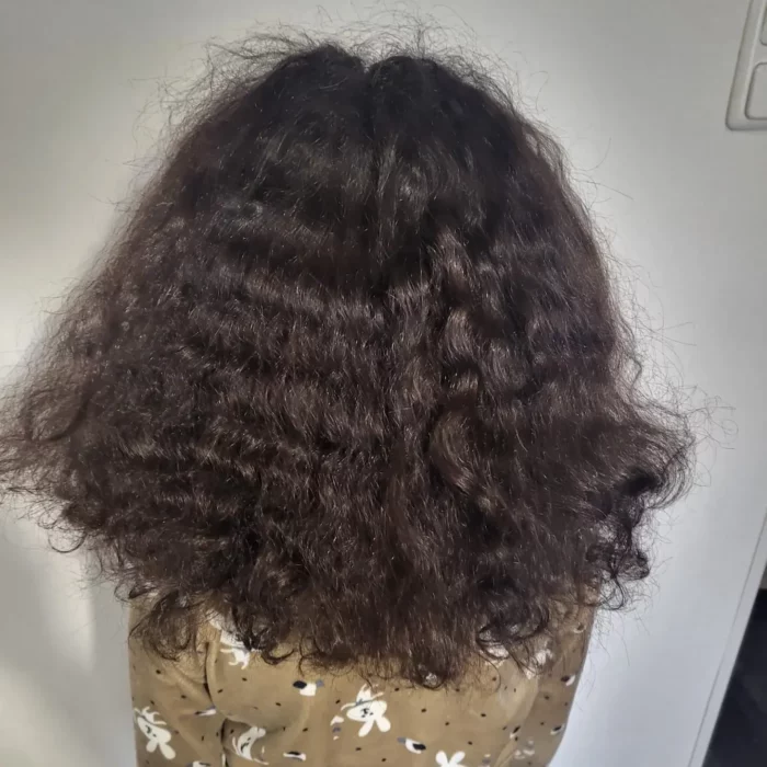 Das Bild zeigt die Rückenansicht einer Person mit dichtem, dunklem, lockigem Haar. Die Person trägt ein braunes Hemd mit einem Muster aus weißen Häschen. Im Hintergrund sind eine schlichte weiße Wand und ein Teil eines Türrahmens zu sehen.